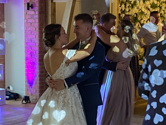 A wedding couple celebrating on the dancefloor with their guests